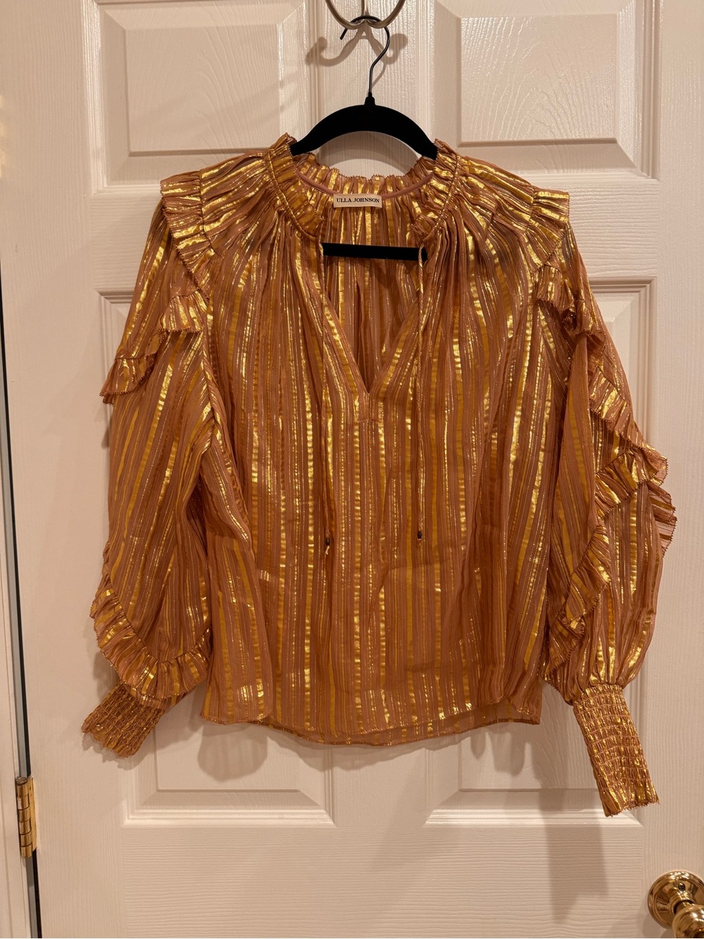 Ulla Johnson - Gorgeous Blush/Rose Metallic Gold Striped Ruffle Blouse